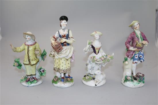 Four Bow porcelain figures, restored, c.1758-62,